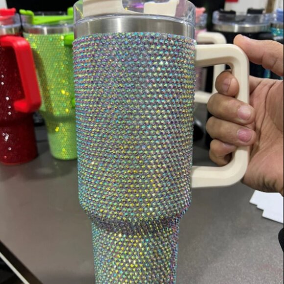 WHITE RHINESTONE 40oz TUMBLER WITH HANDLE- BLING CUP - Picture 2 of 7